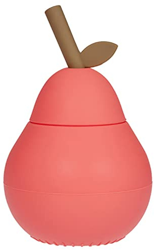 OYOY Mini Trinkbecher Silikon mit Deckel und Strohhalm für Kinder - Pear Cup Rot - Trinklernbecher in Birnen Form - L:8,5 x B:8,5 x H:13,5 cm - M107436