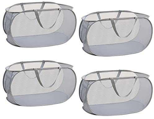 Rubruan 4 Piece Popup Mesh Laundry Basket Durable Handles Collapsible Laundry Baskets Folding Clothes Pastic Hamper for Laundry Room College Dorm (Gray)