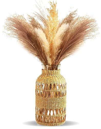 ZENS Rattan Boho Vase, Hand Woven Wicker Cover Glass Flower Vases for Pampas Grass, Artistic Boho Style Country Vase for Fall Flower Decor, Home Table Centerpiece, Farmhouse Decorative