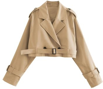 Xiaoxuemeng Womens Cropped Bike Jacket Casual Double Breasted Trench Coat with Belt (Khaki-M)