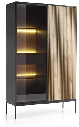 BETTSO - Sentino - Hochkommode - Schrank mit Glastür - Mehrzweckschrank - Aktenschrank - Komode - Kommode schwarz - Wohnzimmerschrank - Highboard Wohnzimmer - Schwarzgrau und Holzoptik Wotan-Eiche