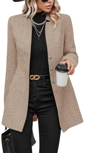 chouyatou Women's Business Casual Herringbone Wool Coat Button Up Notch Collar Dressy Blazer Jacket (X-Large, Khaki)