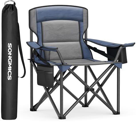 SONGMICS Sedia da Campeggio Imbottita Extra-Large, Comoda Sedia Pieghevole per Glamping all'Aperto, con Supporto Lombare, Borsa Termica, Portante 205 kg, Blu Porto GCB066Q01
