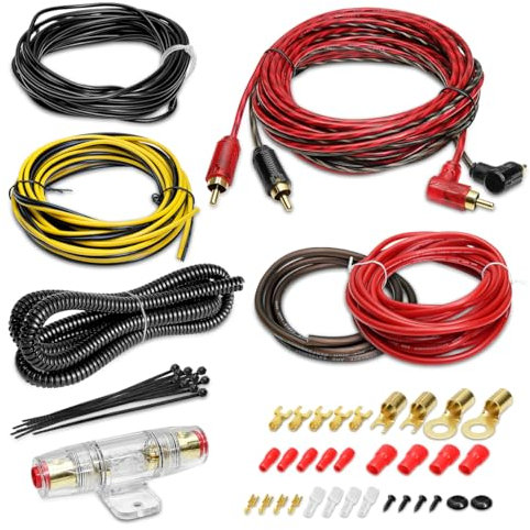 Kit de Câblage 8 AWG, Amplificateur avec Connexion pour Caisson de Basses et Haut-Parleur - Câble d'Alimentation, de Terre, RCA