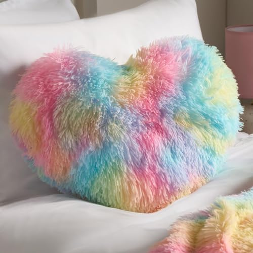 OHS Heart Cushion, Soft Comfy Fluffy Cushions Cute Room Decor Heart Pillow Home Decoration Cosy Cuddle Pillow Rainbow Bedroom Accessories, Rainbow Tie Dye - 40cm