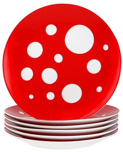 MamboCat Pula rot 6er Set Kuchenteller I weißes Porzellan-Frühstücksteller mit Punkten für 6 Personen I kleine Teller für Salat, Dessert, Fingerfood & Co.
