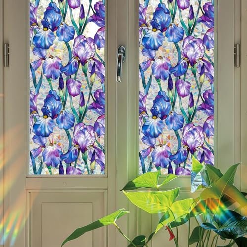 Runtoo Window Privacy Film Rainbow Purple Floral Window Clings 3D Decorative Vinyl Stained Glass Iris Flowers Decals Static Sticker Non-Adhesive, 15.75 x 40 inches