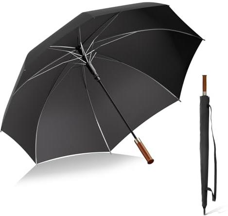 【1&S】Parapluie homme Ø122cm, auto, 280T, poignée bois, 3 pers. étanche | Arceaux robustes,tissu 280T dense,léger,pluie & soleil,résistant vent,mauvais temps,avec pochette, pro,noir