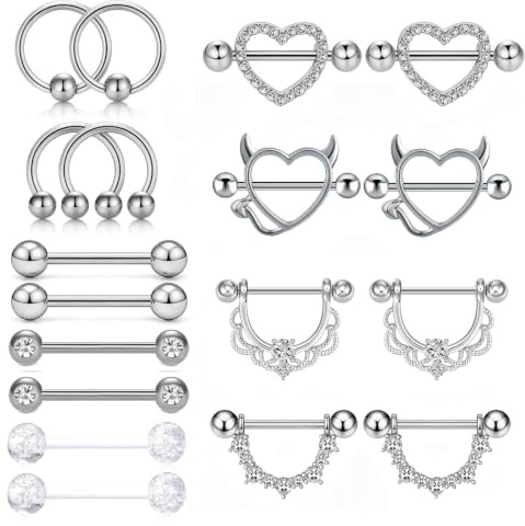 XSDSLS 9 Paires Piercing de Téton en Acier Inoxydable pour Femme,Set de piercings mamelons,Bijoux de piercing de corps,Piercing de Téton en Cœur Barbell Ring Round pour Femme