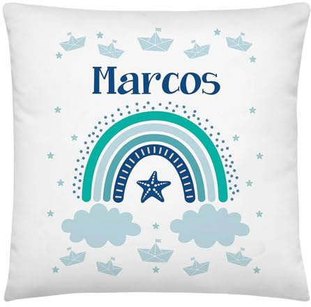 Anak Anak Cojín Infantil Arcoíris Azul Personalizado con Nombre – Poliéster Suave y Lavable – Regalo de Nacimiento o Cumpleaños para Niño – Decoración Habitación Infantil 40x40 cm
