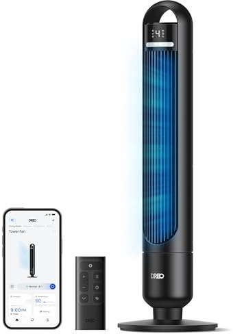DREO Smart Turmventilator fürs Schlafzimmer, leiser Standventilator mit 28 dB, Luftreichweite bis 8,8 m, 4 Stufen & 3 Modi, 8 Std.-Timer, App, Alexa & Google, 90° Oszillation, für Zuhause/Büro
