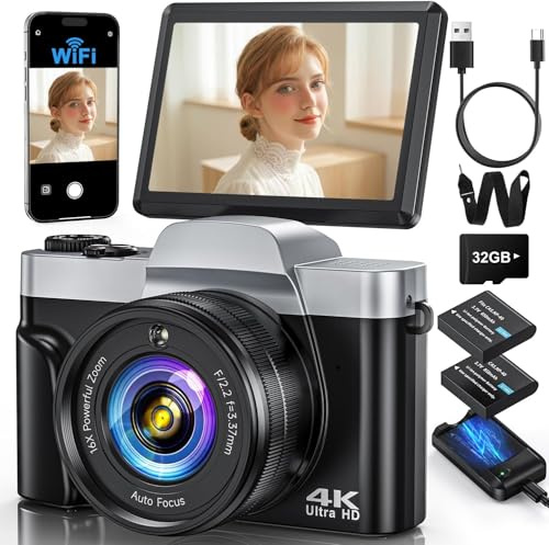 4K Digital Camera with WiFi 64MP Autofocus Vlogging Camera Compact Travel Cameras for Photography, 3 180° Flip Screen 16X Zoom Flash Anti-Shake,32GB Card, 2 Batteries