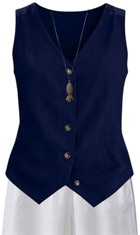 Generisk väst dam elegant, linneblus dam sommar vintage, linne med knappar kostymväst v-ringad sommarväst lätt damvästar oversize kavaj affärstunika, ärmlösa toppar, Mörkblå, XXL