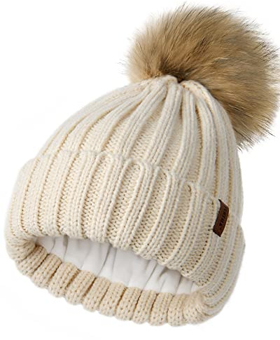 FURTALK Womens Winter Beanie Hat Fleece Lined Faux Fur Pom Pom Knitted Warm Beanie for Women Beige