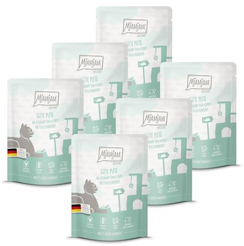 MjAMjAM - Premium Nassfutter für Katzen - Quetschie - gute Pute an gedämpftem Kürbis, 6er Pack (6 x 300 g), getreidefrei mit extra viel Fleisch