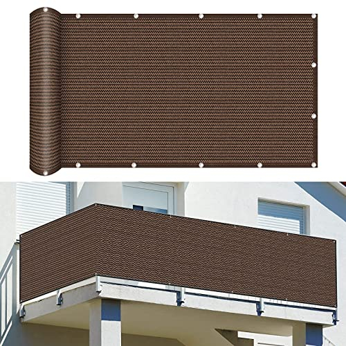 Balkon Sichtschutz Balkonabdeckung 115 x 500 cm Reißfest UV-Schutz atmungsaktiv Wetterfest Balkonverkleidung mit Ösen und Kordel für Balkon Zaun Terrassen Garten, Braun