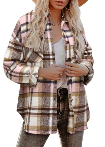 Zeagoo Veste Chemise à Carreaux Chemise Femme Manches Longues Shacket Manteau Veste Flanelle avec Boutons Rose M