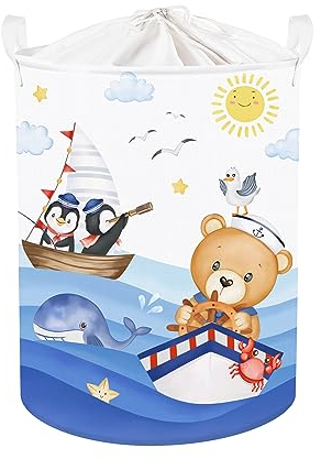 Clastyle 45L Blau Nautischen Tiere Kinder Wäschekorb für Jungen Mädchen Meer Segelboote Bär Pinguine Spielzeug Kleidung Aufbewahrungskorb für Kinderzimmer, 36x45 cm