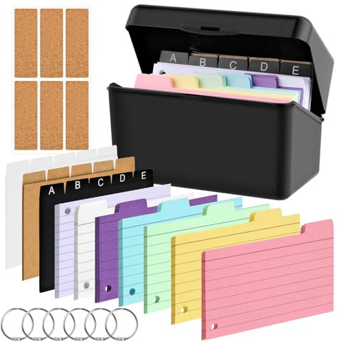 Vilomdur Cajas de índices Negro, Flashcards, Tarjetas Estudio, Juego de Tarjeta de índice, Incluye 230 Fichas Coloridas, 15 Fichas de PP, 6 Anillos, 6 Pegatinas Para Estudiar, Oficina, Hogar