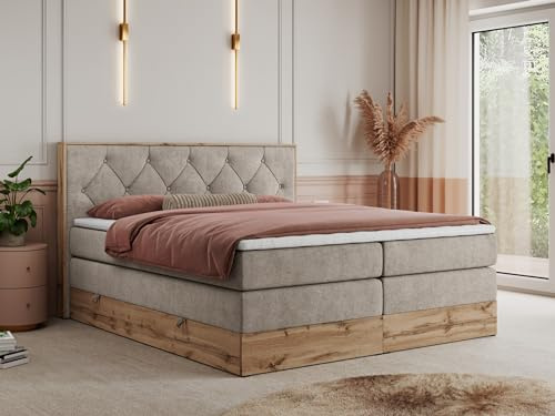 MKS MEBLE King Boxspringbett 200x200 mit Kopfteil und Bettkasten, Polsterbett mit Matratze H4 und Topper T25, Wotan Eiche Dekor - Beige Strukture - Veneto King