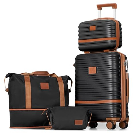 Joyway Carry On Luggage 20 Inch Expandable Suitcase with Spinner Wheel, 4 Piece Hard Shell Luggage Set with TSA Lock(Black brown)