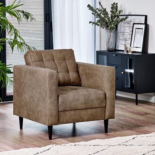 Furniturebox UK Joni Brown Faux Leather Armchair - Upholstered Modern Brown Leather Fabric Arm Chair with Black Wooden Tapered Legs - Square Stitching - Stylish & Contemporary Living Room Furniture
