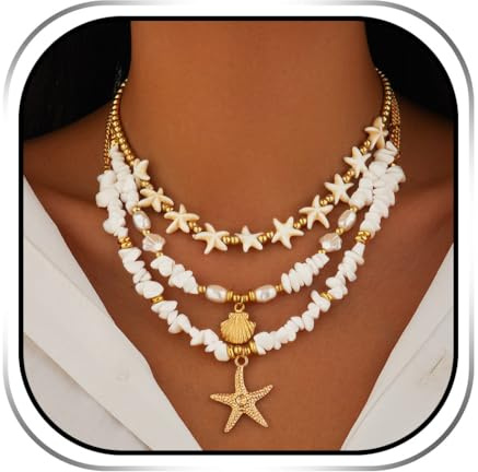 Handcess Colliers bohèmes avec pendentifs en forme d'étoile de mer en or - Colliers perlés avec pendentif puka pour femmes