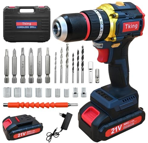 Tking 21V Akku-Bohrmaschine mit Li-Ionen 2x Akkus 24+3 Drehmoment Bohrmaschines 2-Gang-LED-Arbeitsleuchte Elektroschrauber-Set Impact Hammer Kombi-Bohrer Kombi-Bohrmaschine (Akku-Bohrschrauber/Blau)