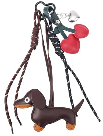 BOXOB Leder Dackel Schlüsselanhänger, Süßer Schlüsselanhänger mit Hund Herz und Kirsche Taschenanhänger Dackel Accessoires für Handtaschen Geldbörsen Taschen Autos