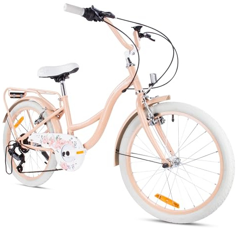 Bicicleta para niñas Flower Bike, tamaño de Rueda 20 Pulgadas, de 6 a 10 años, de 6 velocidades Shimano, de Altura Ajustable (Albaricoque)