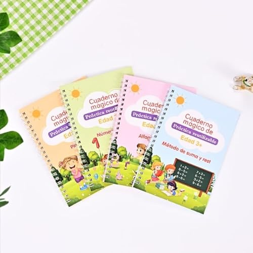 Genérico Cuadernos Reutilizables Caligrafia Español, 4 Libros + 1 Bolígrafo + 5 Recambio- Caligrafía Mágica para Niños- Aprendizaje de Escritura y Dibujo