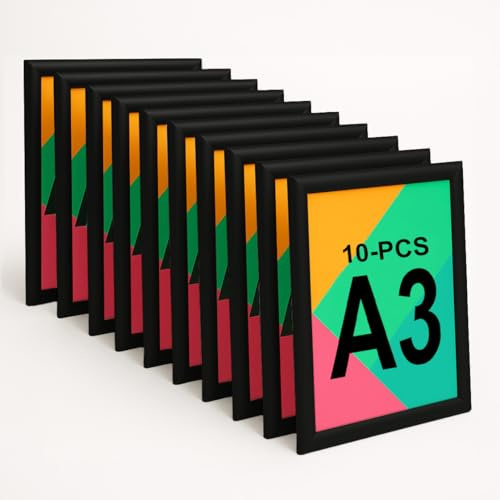 Aluanz Marco Abatible A3 Negro - Set de 10 - Perfil para Pósters, Marco de Cambio Rápido con Lámina Antirreflectante, Marco de Pared Vertical y Horizontal - 420 x 297 mm