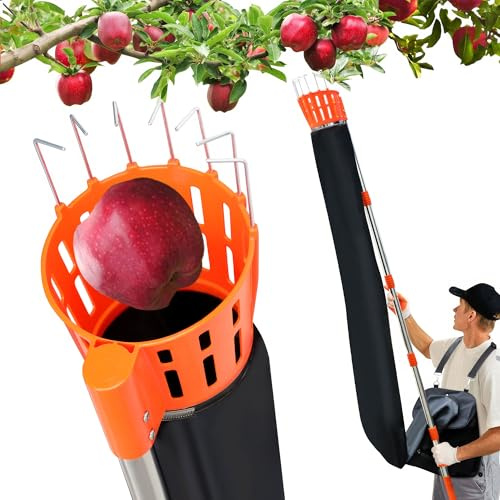 BOUDECH Pametik - Raccoglitore di Frutta a Imbuto Manico Telescopico 4m con Supporto e Borsa in Tessuto per Raccolta di Mele Arance Pere Arancione e Nero