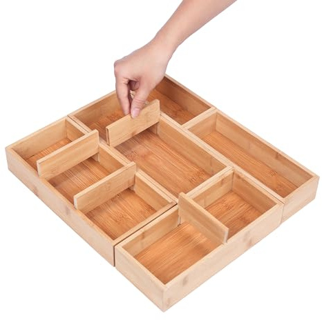 Bamboo Drawer Organizers Set with Removable Dividers, 5PCS Adjustable Multi-Use Wood Storage Organizers(5-9 Grids), Desk Drawer Tray for Bathroom, Office, Dresser, Storage Box for Jewelry, Makeup