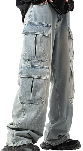 Y2K - Pantalon en denim baggy pour homme - Pantalon cargo - Pantalon hip hop - Coupe ample - Plusieurs poches - Jambes larges - Pantalon en jean décontracté, bleu, XXL