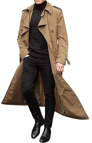 SANSIWU Mens Long Trench Coat Winter Classic Lapel Double Breasted Wool Blend Oversized Peacoat (Khaki, XL)