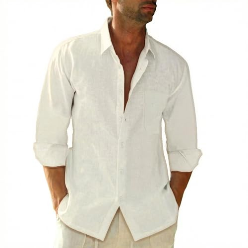 SEAYIJIA Camisa para Hombre de Manga Larga, en Algodón-Lino, con Bolsillo, Corte Estándar, Estilo Casual, Camisa de Playa de Verano