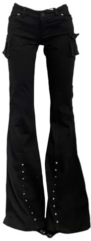 Juankrynord Pantalones Vaqueros Acampanados de Tiro bajo para Mujer Estilo Y2K Corte Recto y Ligeramente Acampanado, con Tachuelas, Estilo gótico, Corte Ajustado, Ideales para el Trabajo. (Negro,S)