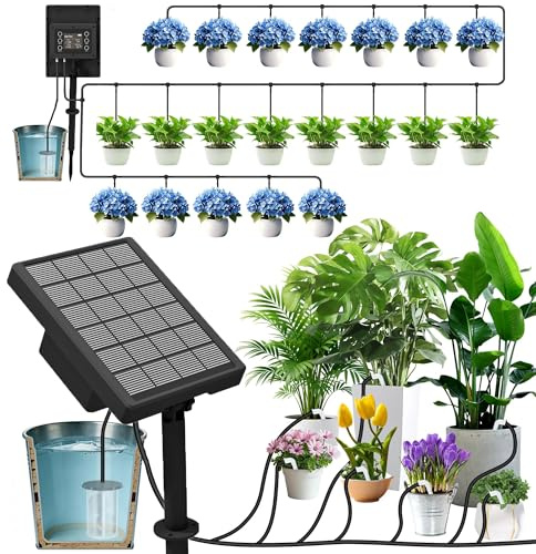 Frogetu Sistema di irrigazione solare da giardino per 20 piante in vaso, irrigazione automatica a goccia con tubo da 15 m, display LCD, pannello solare da 3 W, impermeabile IP65, ideale per vacanze