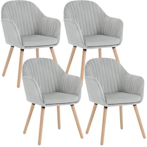WOLTU Dining Chairs Set of 4, Bedroom Chairs, Upholstered, with Arms, Backrest, Solid Wood Legs, Tub Armchairs, Light Grey