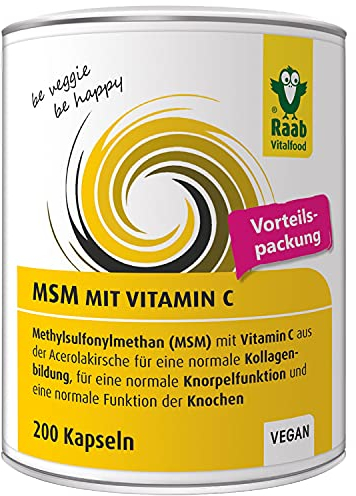 Raab Vitalfood MSM-Kapseln, Methylsulfonylmethan, Vitamin C, 200 Stück, hochrein, vegan