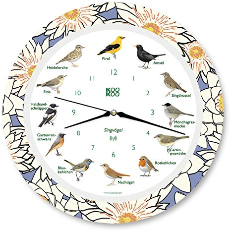 KOOKOO Singvögel Water Lily, Die Singende Vogeluhr, mit 12 heimischen Singvögeln und echten, natürlichen Vogelstimmen, mit RC Funkquarzwerk