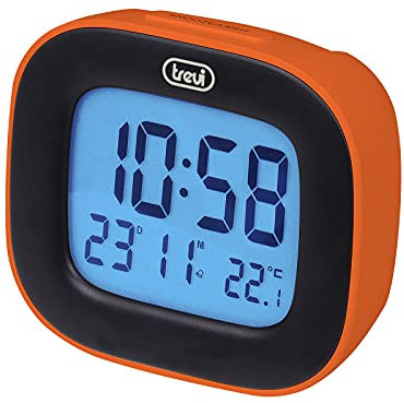 Trevi SLD 3875 Sveglia Digitale con Display LCD Retroilluminato, Orologio 12/24h, Termometro, Calendario e Funzione Snooze, Facile Utilizzo, Alimentazione a Batterie AAA, Arancione