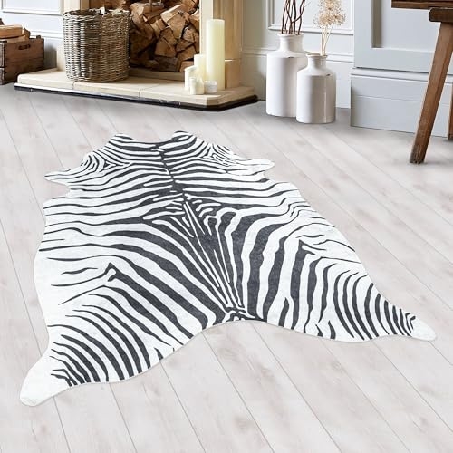 HomebyHome Alfombra de Pieles Piel sintética Tejida Plana Diseño de Cebra Sala de Estar Dormitorio Suave y Lavable Forma de Animal Antideslizante Negro, Color:Negro, Tamaño:150x200 cm