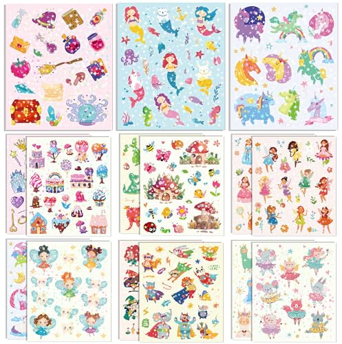 300+ Holographic Stickers for Kids, 15 Different Sheets of Fairy Tale Themed Glitter Kids Stickers, Princess, Mermaid, Dragon, Unicorn and More, Gifts for Toddlers Boys and Girls