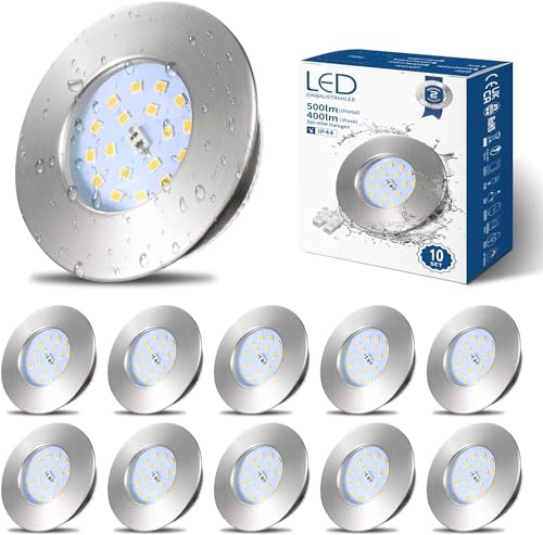 HiBay 10x LED Recessed Ceiling Light IP44 Bathroom 5W Spot Lights Brushed Chrome Ultra Slim Flush Downlight Neutral White 4500K 850LM Non-Dimmable