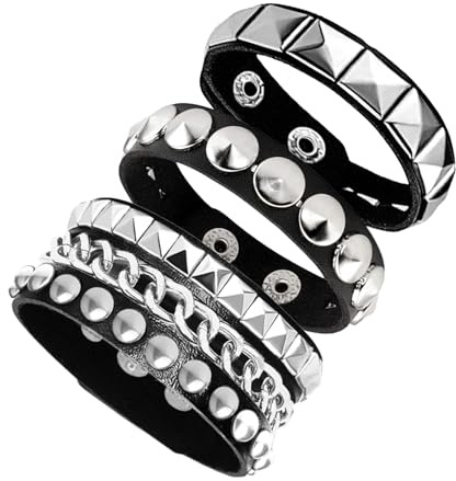 Tosmifairy 3 Pieces Punk Rock Leather Bracelets for Women Pop 80s 90s Emo Jewelry Accessories Retro Spiked Adjustable Wrap Wrist Cuffs (Classic Style)