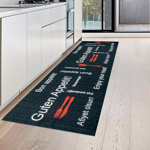 Teppich-Traum Guten Appetit Küchenläufer in schwarz mit Gelrücken und weiß & rotem Schriftzug, 80 x 150 cm
