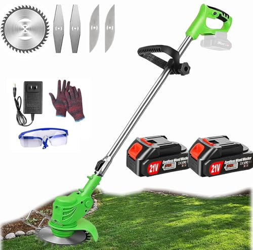 Debroussailleuse Electrique sans Fil 21V, Coupe Bordure sans Fil avec Batterie 2.0Ah et 4 Types de Lames, Débroussailleuses Electrique Batterie pour la Coupe de Jardin, Pelouses et Terres Agricoles