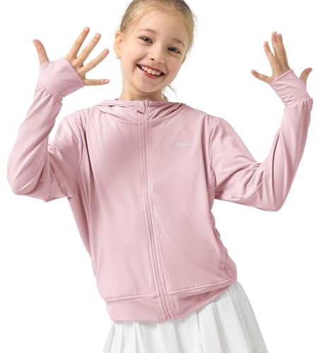 Rolanko Veste Fille à Manches Longues Protection Estivale Contre Les Rayons UV Capuche à Séchage Rapide avec Trous pour Les Pouce pour Enfants, Rose, 6-7 Ans/130